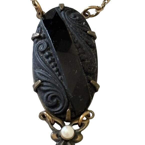 VTG Glass Works Studio Lariat Molded Glass Etched Black Pendant Necklace 16" - Picture 5 of 7